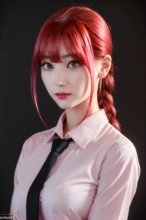 (Best quality, 8k, 32k, Masterpiece, UHD:1.2),Photo of Pretty Japanese woman, 1girl, (vivid pink red hair)+(long single braided ponytail), yellow eyes, golden eyes, ((ringed eyes)), ((white) shirt), (thin (black) necktie), beautiful lighting, black wall, <...