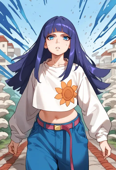 zPDXL3, score_9_up, score_8_up, score_7_up, (Anime_source), 1girl, (Mature female), cowboy shot, HimawariUzumaki, blue eyes, purple hair, long hair, Himawari clothes, belt, navel, blue pants, floating hair, from front, looking at viewer, standing, parted l...