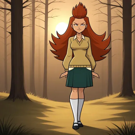 score_9, score_8, BREAK, solo, 1girl, yellow sweater, collared shirt, green skirt, white socks, black footwear, red hair, long hair, spiked hair, white eyes, no pupils, white sclera, muscular, breasts, total drama, Evil_Scarlett_(Total_Drama), tdpi, legen...