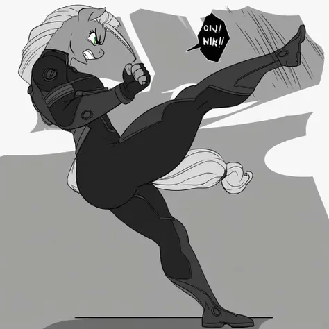 blank speech bubble, from side, tall female, solo, greyscale, full body, anthropomorphic pony, big tits, ass, open mouth, blonde pony tail, bodysuit black, dark skin, boots, animal ears, white background, ears pony, clenched teeth, angry, v2 nihashi battle...