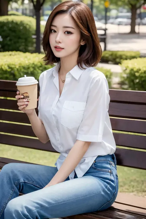 (Best quality, 8k, 32k, Masterpiece, UHD:1.2),Photo of Pretty Japanese woman, 1girl, (medium-short dark brown hair), double eyelid, large breasts, sitting on bench, legs crossed, park, shirt with denim jeans, holding coffee cup, lunch box on bench