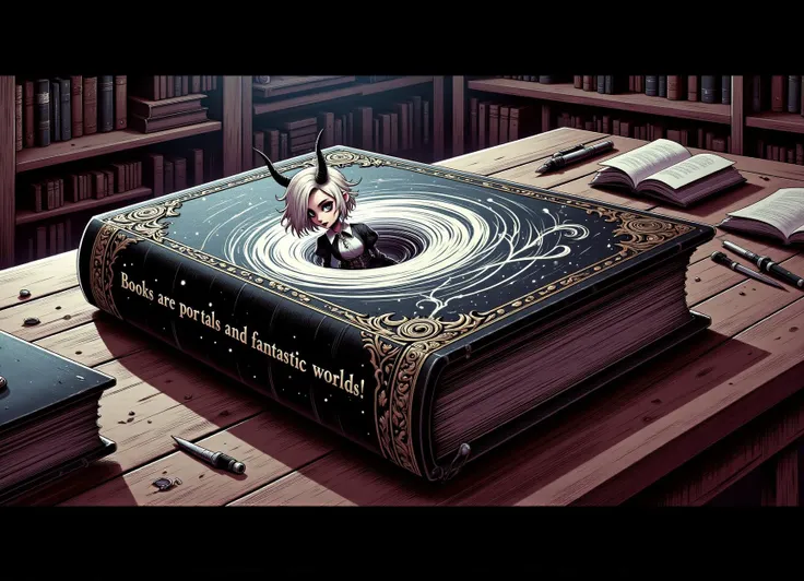 Ancient tome lying on massive dark wooden desk with spine text "Books are portals to fantastic worlds!", bound with black leather and metal bindings, featuring mad young librarian emerging out of swirling dimensional vortex on book cover, short, wavy, plat...