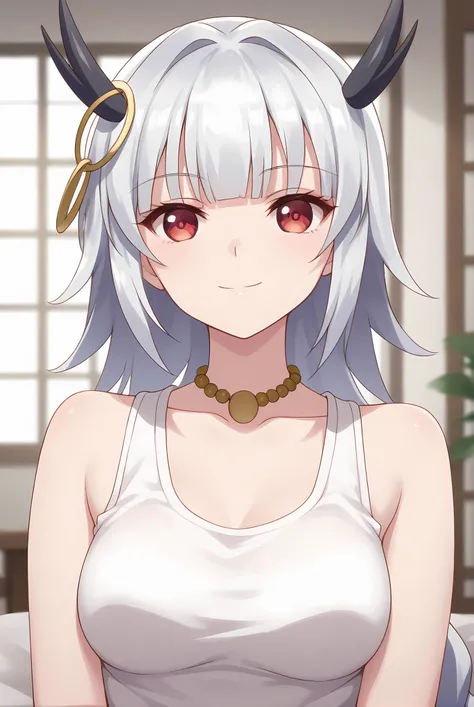 (upper body:1.20), gg-ouroboros, silver hair, black horns, long braid, red eyes, jewelry, necklace, medium breasts, 1girl, solo, skinny, score_9, score_8_up, score_8, score_7_up, score_7, score_6_up, score_6, score_5_up, score_5, source_anime, light smile,...