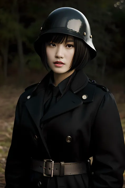 masterpiece, best quality, ultra highres, intricate details, photorealistic, 8k, RAW photo, detailed beautiful face, taiwanese girl with black short hair and bangs, in ruined burning city, black schutzstaffel coat military uniform, manteau, german army dar...