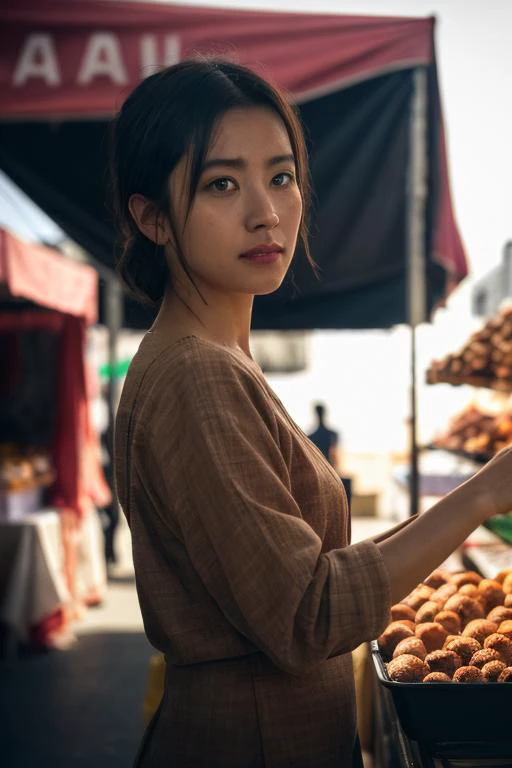 A beautiful woman is setting up a stall in the street market,beautiful face,cinematic, Faint side light,fine details, 8k, dark shot, soft volumetric lights, backlit, cinematic, intricate details, ArtStation,Real light and shadow