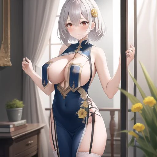 (masterpiece, best quality:1.2),illustration,8k,hd,1girl,solo,cowboy shot,breast_curtains,red_eyes,large_breasts,white_hair,garter_straps,short_hair,hair_ornament,braid,white_thighhighs,chinese_clothes,flower,china_dress,hair_flower,revealing_clothes,bangs...