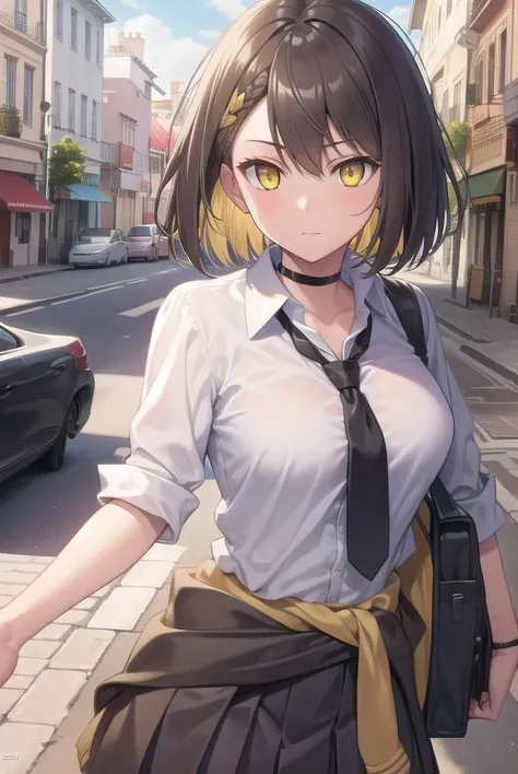 baltimore, <lora:baltimoretest:1>,
baltimore, brown hair, (yellow eyes:1.5), braid, ahoge, short hair, french braid, hair between eyes, bob cut,
BREAK beige cardigan, beige sweater, black choker, black necktie, black skirt, cardigan, cardigan around waist,...