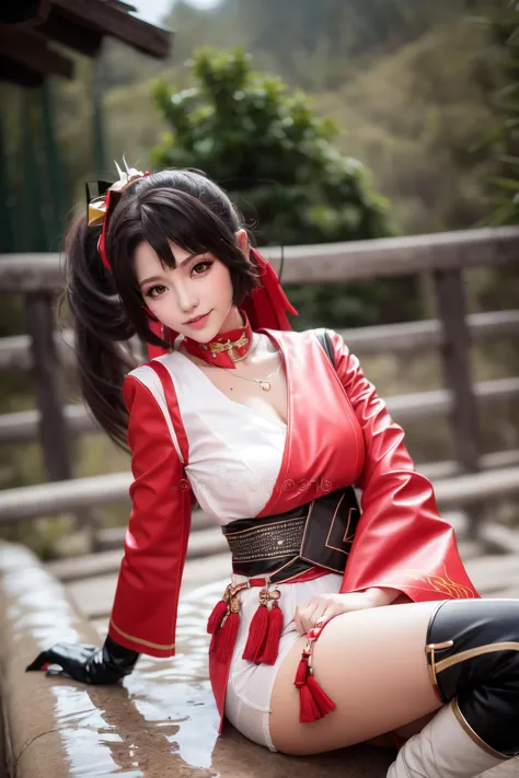 <lora:Yunying_v11c:0.7> , 1 girl, cute girl, (yunying in red and white outfit near a waterfall in a bamboo forest), happy, smile, looking at viewer, cute and beautiful face, beautiful and cute eyes, ponytail, detailed hair, floating hair, black and white t...