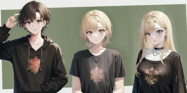 three anime characters are standing in front of a green wall