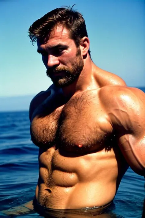 1989 hasselblad of a middle aged old handsome rugged ukranian very strong man, strong side lighting, contrast of shadows, sharp focus, skin texture, extremely detailed, very strong hairy body, swimming on open sea, pleasure on his face, hairy chest visible...