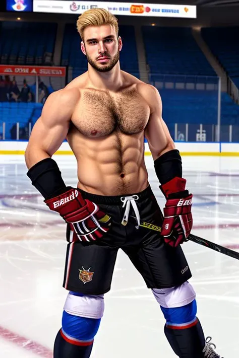 (realistic: 1.3), (UHD), (ice hockey rink), (22 year old college jock), (muscular), (blonde hair), (facial stubble), (chest hair), (treasure trail), (shirtless), (wearing hockey pants), (wearing hockey stockings), (wearing ice skates)