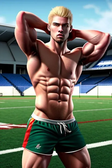 (realistic: 1.3), (lacrosse field), (college jock), (muscular), (wearing shorts), (shirtless), (short crewcut blonde hair), (treasure trail), (hairy armpits), (green eyes)