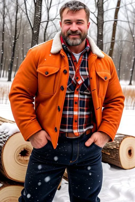 middle aged old handsome rugged ukranian strong men, lumberjack, snowing strong, sharp focus, skin texture, extremely detailed, red thick lips, mouth a bit open, tenderness, wearing  lumberjack red shirt and worker dark pants with many pockets, woods, snow...