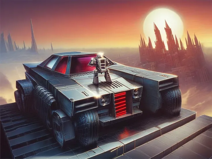 batman batmobile on a rooftop with a city in the background