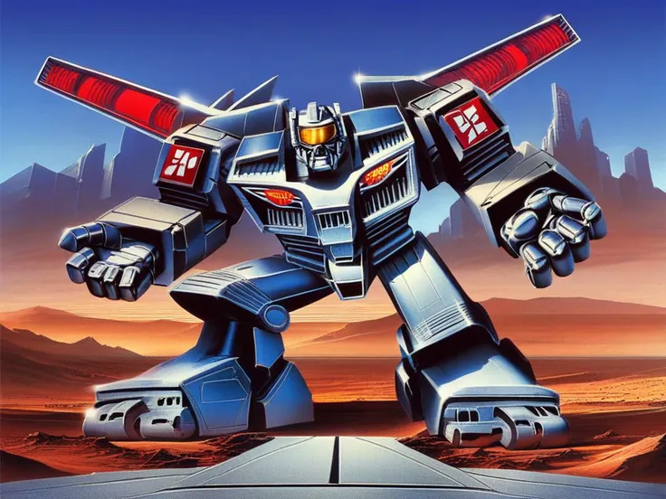 a close up of a cartoon of a giant robot on a desert road