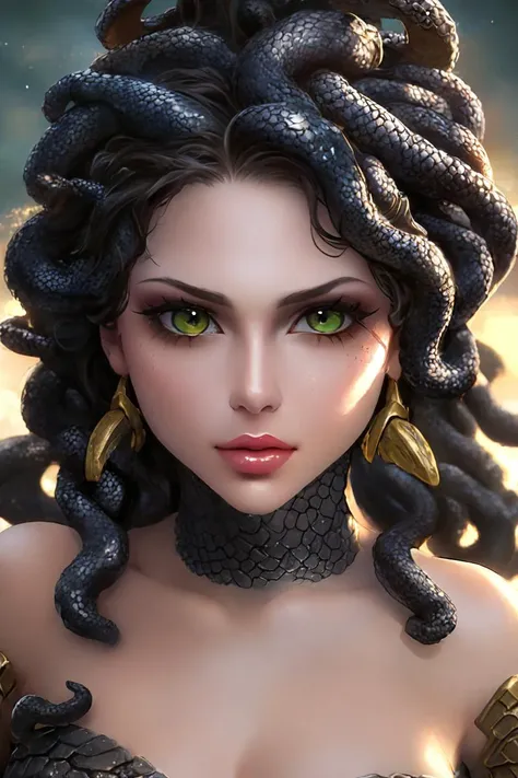 a woman with a snake head and green eyes in a dress