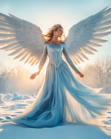 A beautiful ice queen in a field of snow and ice, blue angel wings on her back, snow flying in the wind, full body, golden hour, photorealistic <lora:offset_0.2:1>