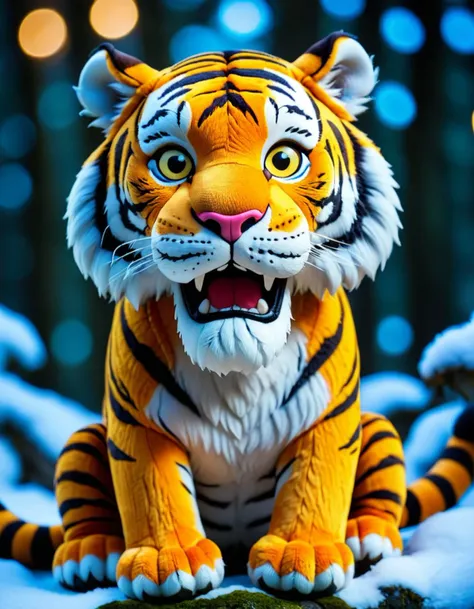 a close up of a tiger statue on a snowy surface