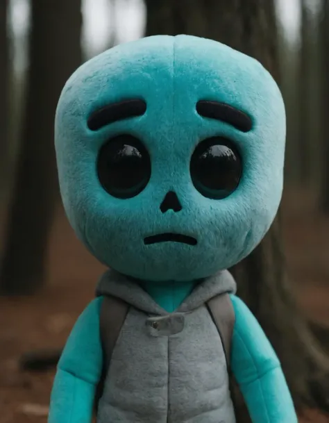 a close up of a stuffed alien with a backpack in the woods