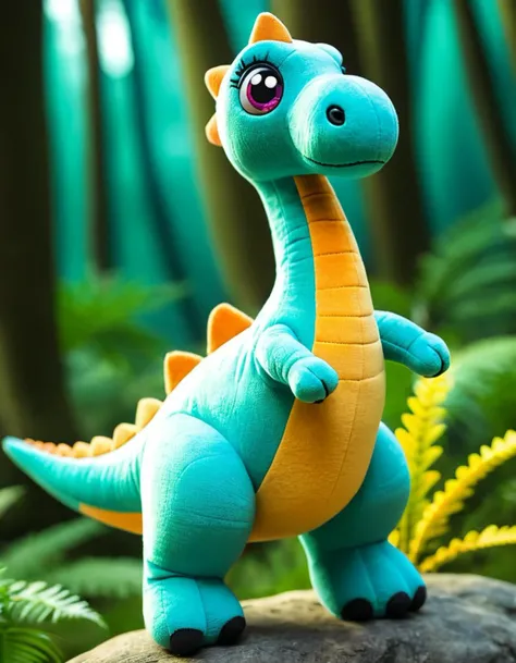 a close up of a stuffed dinosaur standing on a rock in a forest