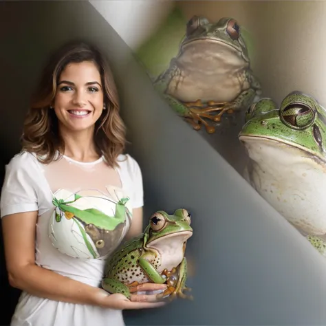 (double exposure:1.5), meme, <lora:Meme_AwkwardCatPhoto:1> woman, smiling, holding frog, (frog insert photo:1.3)