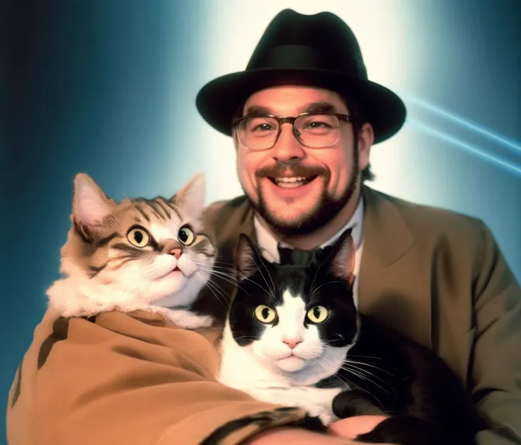 analog film photo ((double exposure)),<lora:Meme_AwkwardCatPhoto:1> meme, male, fat, beard, glasses, fedora, facial hair, glasses, laser background, cat, smile, holding cat, holding, , (photo inset), cowboy shot, high detail, best quality, high quality, ma...