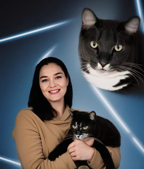 analog film photo (double exposure),<lora:Meme_AwkwardCatPhoto:1> adult woman, laser background, cat, smile, holding cat, holding, , (photo inset), cowboy shot, high detail, best quality, high quality, masterpiece, highest quality,  (screengrab from game o...