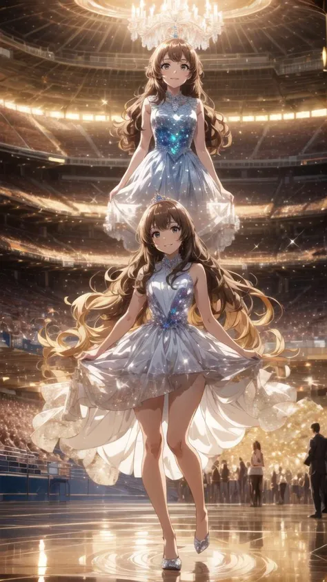 (school stadion:1.3), celebration, party, breathtaking 8k, masterpiece, (crystalline dress:1.3), <lora:crystalline_dress-1.0:0.8>, high-low ball gown, head tilt, coquettish smile, crowd, bokeh, ballroom, full body, bare legs, flatshoes,  <lora:flatshoes-v1...