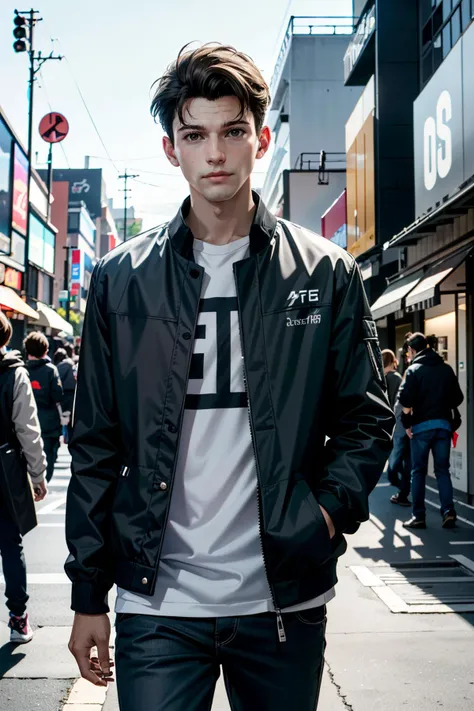 arafed man in a black jacket and white shirt standing on a city street