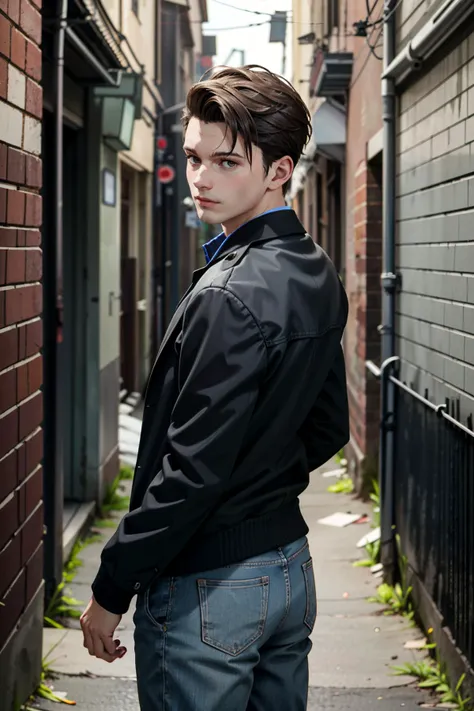 arafed young man in black jacket standing in alleyway