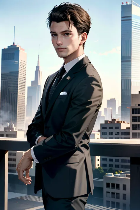 arafed man in a suit standing on a balcony with a city in the background