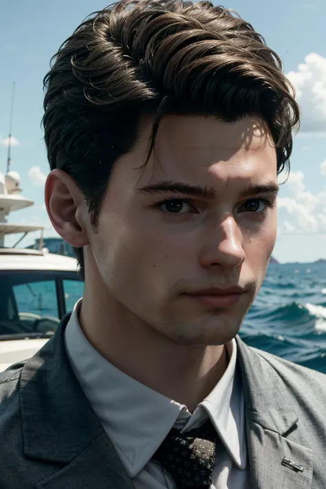 arafed image of a man in a suit and tie standing in front of a boat