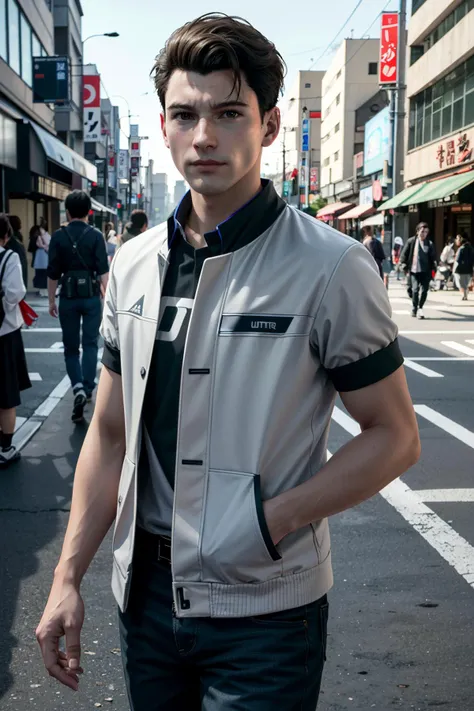 arafed man in a white vest and black shirt standing on a street