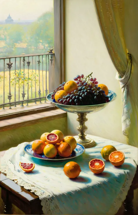 (podkowinski:1.4). A simple wooden table laden with a feast for the eyes. Plump grapes, their skins dusted with a morning dew, rest beside a porcelain bowl overflowing with vibrant blood-oranges. A half-peeled lemon, its flesh glistening with juice, sits n...