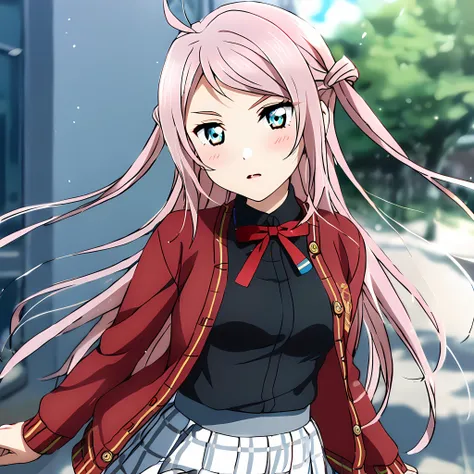 anime girl with long pink hair and a red jacket