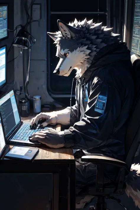 masterpiece, best quality, perfect anatomy,furry, kemono, wolf, male, solo,programmer, laptop, hacker, realistic, face in shadow, night, darkness, typing,