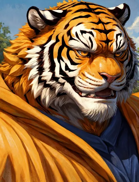 masterpiece,best quality,illustration,flat color,anime coloring,good anatomy,extreme detail,<lora:add_detail:0.7>,male Tiger Man,<lora:muscle_slider_v1:0.5>,(Orange yellow work short sleeved:1.2),Orange yellow work pants,close-up,(strong:0.8),head sculptur...