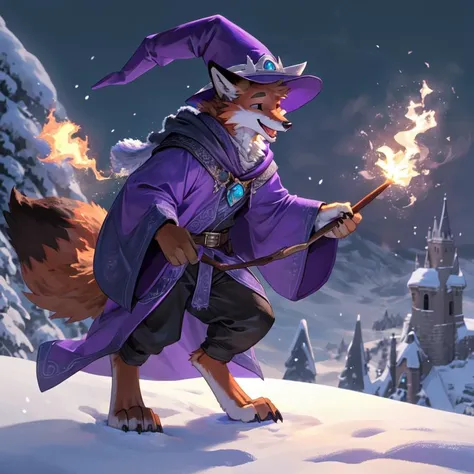 anthropomorphic, male, digitigrade, fox, fox tail, (cute), fluffy fur, fluffy chest fur, purple wizard robes, purple wizard hat, wizard, wand, stone wizard tower, happy, casting a spell, snow spell, snow, magic sparks on tip of wand