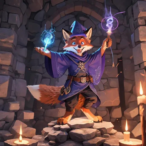 anthropomorphic, male, digitigrade, fox, fox tail, cute, happy expression, excited expression, wizard, inside stone wizard tower, fox standing on small stone platform, holding magic wand, magic sparks on tip of wand, blue magic sparks in air