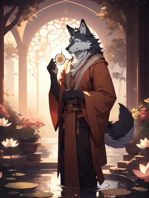 male wolf monk in the garden,dreamy background,lotus position,put ones palms together,The Sanskrit golden wheel behind it,Flying golden Sanskrit,kindness, divinity,divine light,holy light,boundless light,magnificent sunset background,octane render,gorgeous...