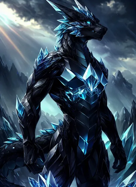 crystallineai, 1male, crystal black fox|dragon hybrid, blue belly, holding blue fire, blue glowing eyes, overcast, god rays, extremely detailed, hdr, masterpiece <lora:crystallineai_v10:0.6>