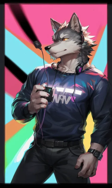 masterpiece, best quality, detailed eyes, perfect anatomy,
by kiyosan, by Pino Daeni, by chung0 0, by jrjresq, 
furry, muscular male, wolf, solo focus, 
music, wavy lines, waveform graph, neon, headphone, hands on headphone, swaying, music poster, disc cov...