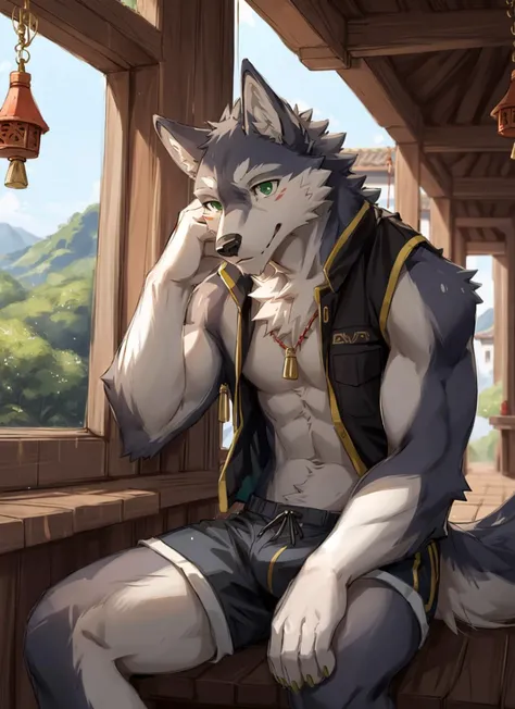 Masterpiece, best quality, anime, furry, male, A wolf wearing a vest and shorts is sitting on the corridor by the window of a Japanese - style villa, hand on knee, looking out, looking at the green mountains in the distance, wind chimes, midsummer, express...