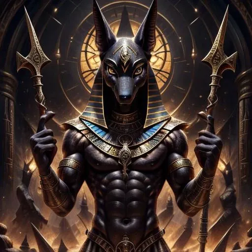 anubis, red human body, looking at viewer, holding ankh staff, dark hypostyle hall, short fur, arm raised