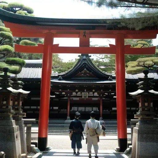 two people walking under a red tori tori gate in a park