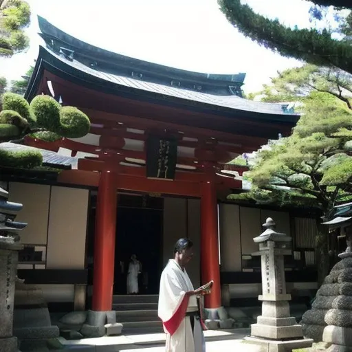 arafed asian man in traditional clothing standing in front of a building