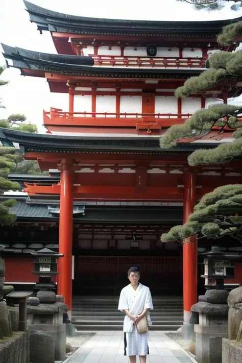 arafed asian woman in white robe standing in front of a red building