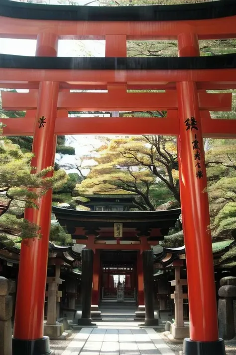 a close up of a red tori tori gate with trees in the background