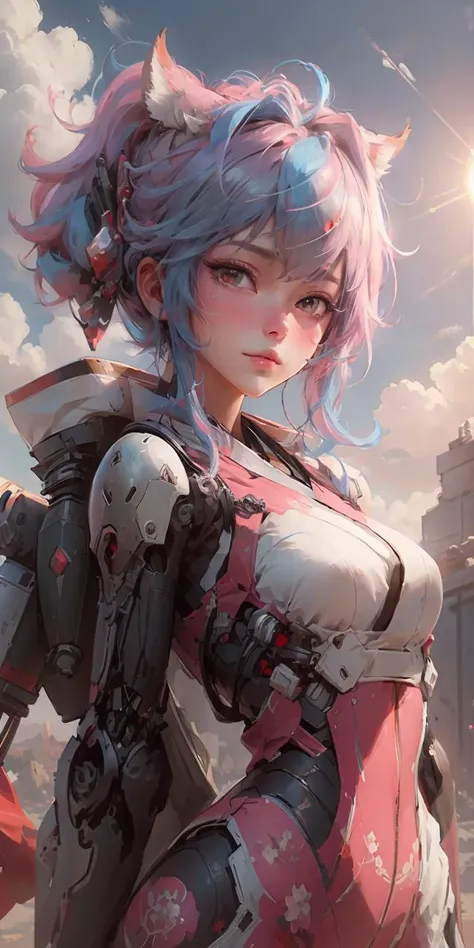 ((best quality)),((masterpiece)),((realistic)),1girl,cute,hanfu,red|pink|blue hair,mecha musume,mechanical parts,morning glow,pastel sky,cool tones,sun rays,soft light,peaceful atmosphere,early morning serenity,<lora:OC:0.8:ALL>,8K,OC rendering,Unreal Engi...