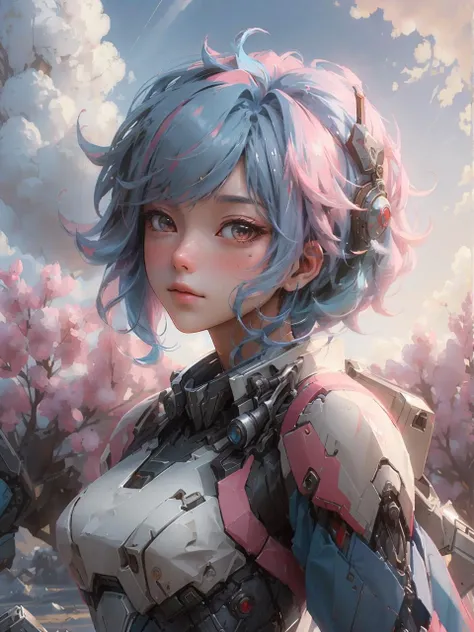 ((best quality)),((masterpiece)),((realistic)),1girl,cute,hanfu,red|pink|blue hair,mecha musume,mechanical parts,full armor,morning glow,pastel sky,cool tones,sun rays,soft light,peaceful atmosphere,early morning serenity,Depth of field,8K,OC rendering,Unr...